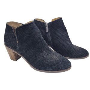 Lucky Brand Pickla Black Heeled Booties Sz 6.5M Suede Leather Chevron Pattern